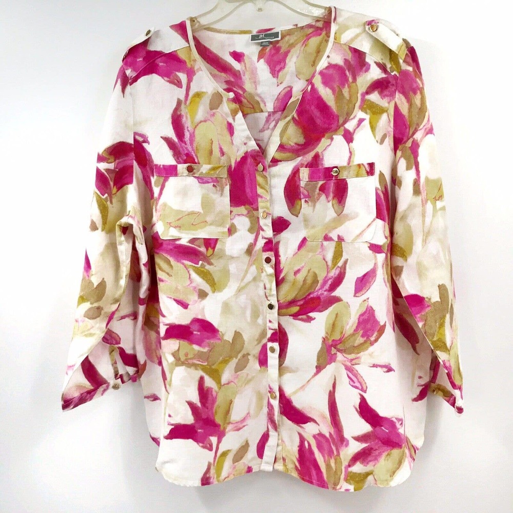 JM Collection Size 18W 100% Linen Floral Button Front Roll Tab Sleeve Shirt